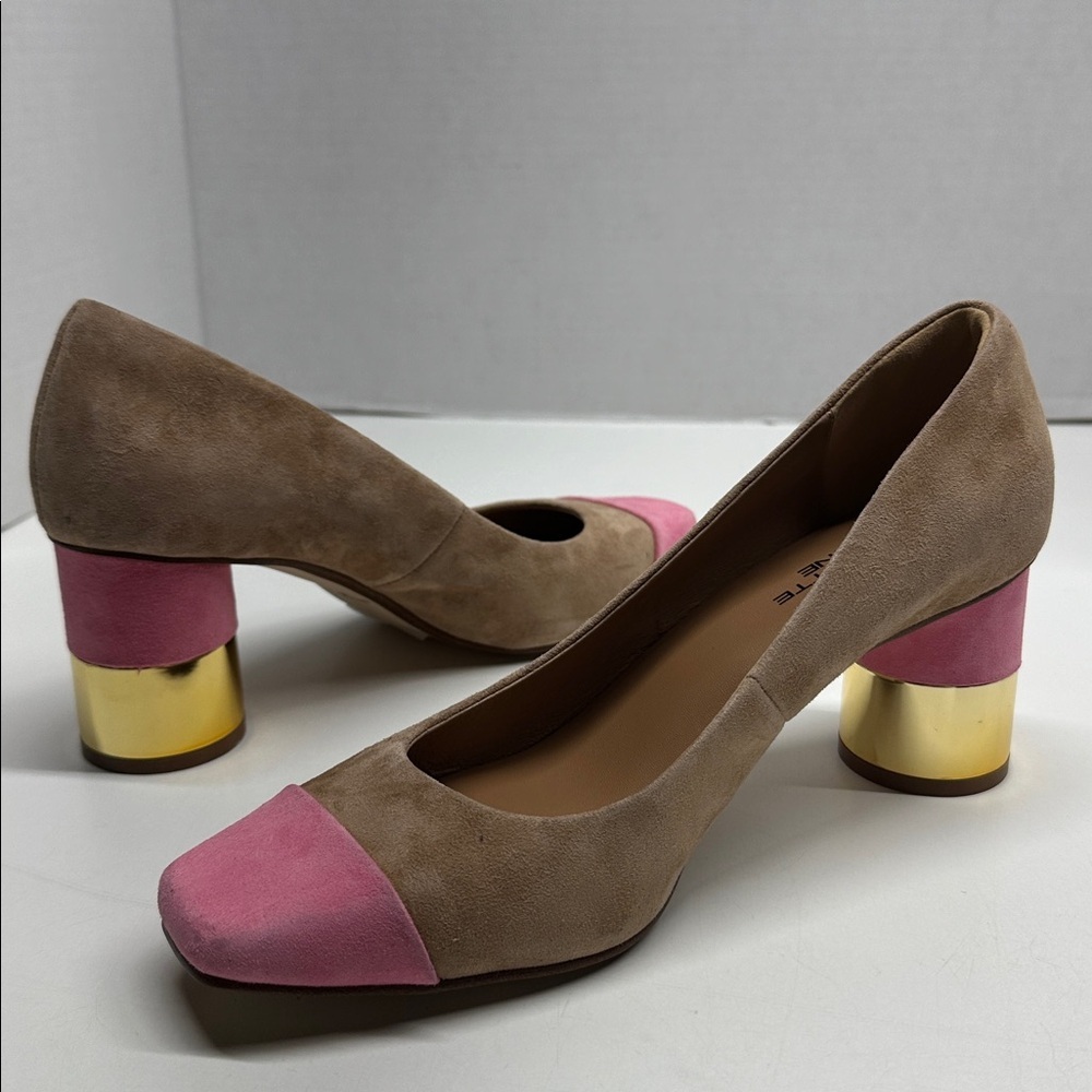 Charlotte Stone Risa Pumps High Block Heel Shoes Suede Wood Pink Tan New Size 10 - Picture 6 of 9